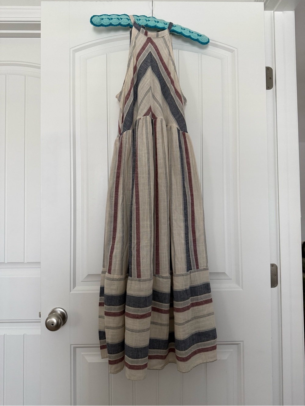 Listicle Striped Halter Dress in Beige, Navy & Rust
